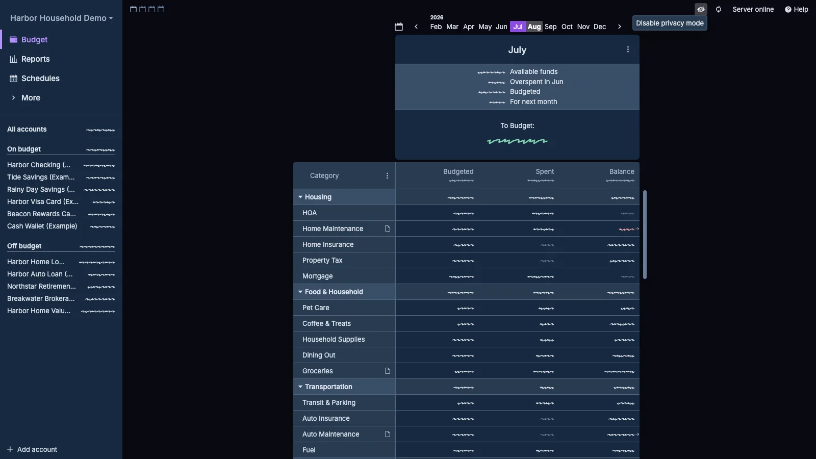 Managed Actual Budget Budget Privacy Mode in dark theme