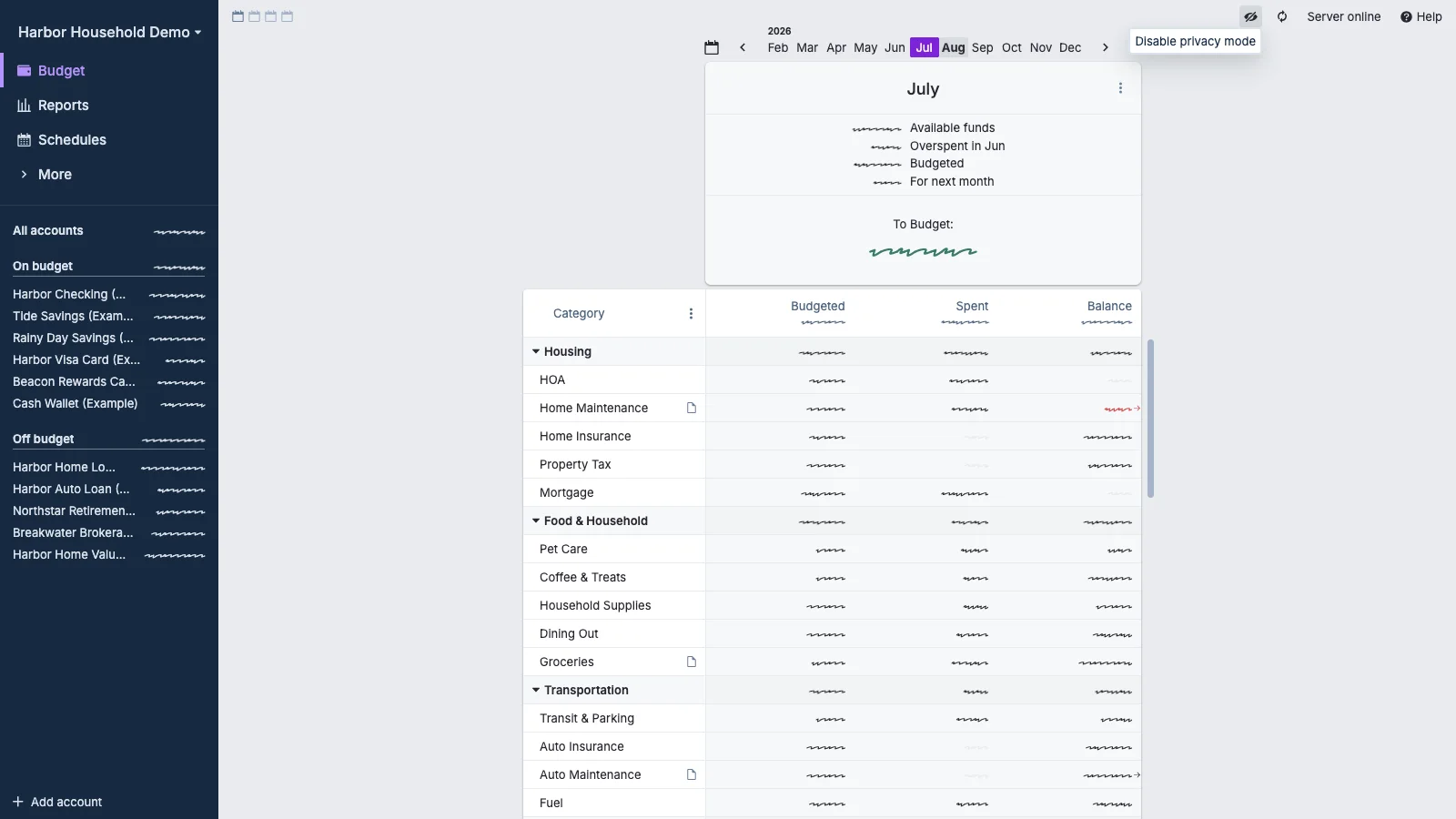 Managed Actual Budget Budget Privacy Mode in light theme