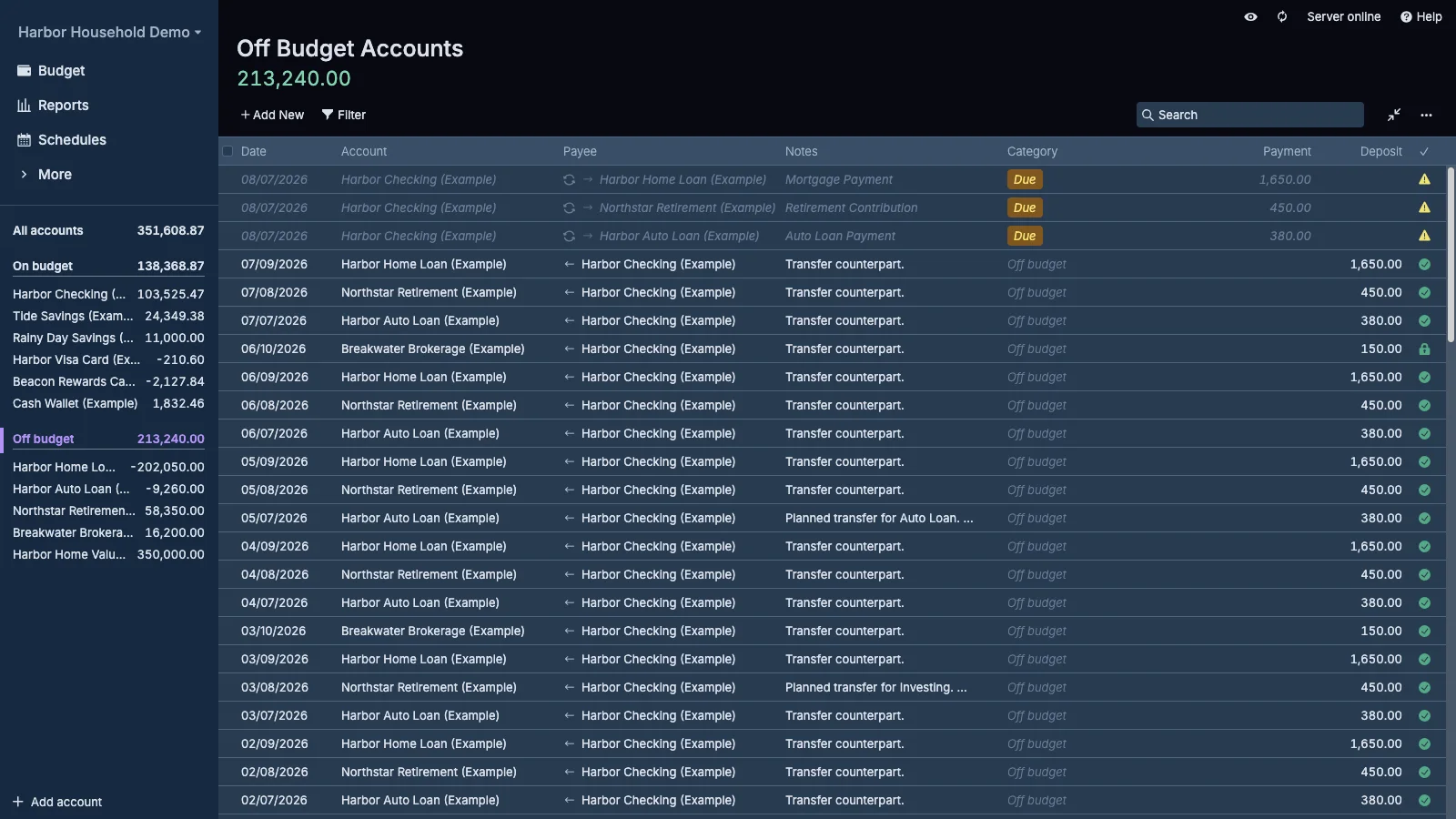 Managed Actual Budget Off Budget Accounts in dark theme