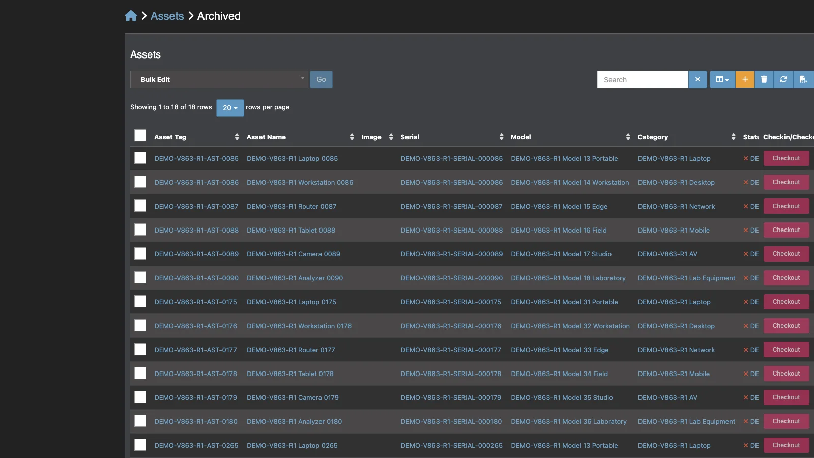 Managed Snipe-IT Archived Assets in dark theme