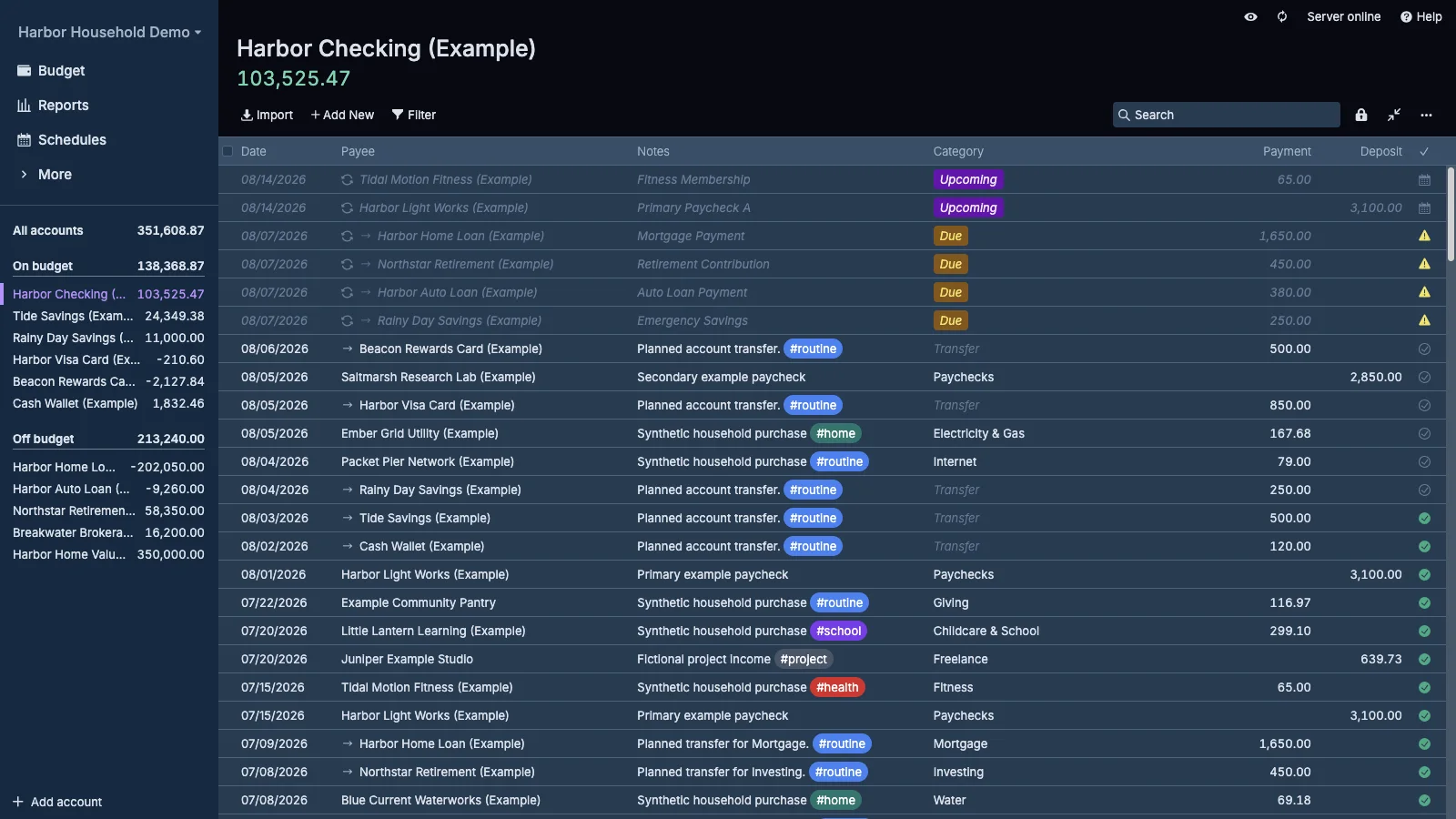 Managed Actual Budget Household Checking Register in dark theme