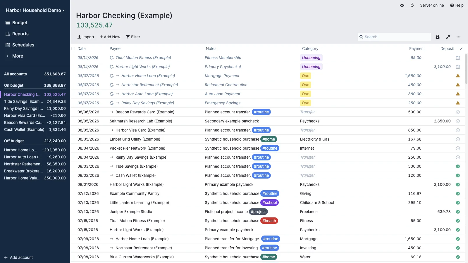 Managed Actual Budget Household Checking Register in light theme