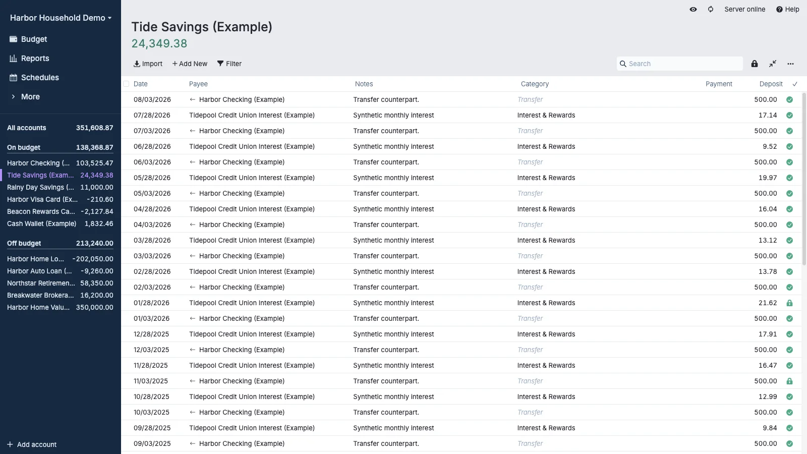 Managed Actual Budget High Yield Savings Register in light theme