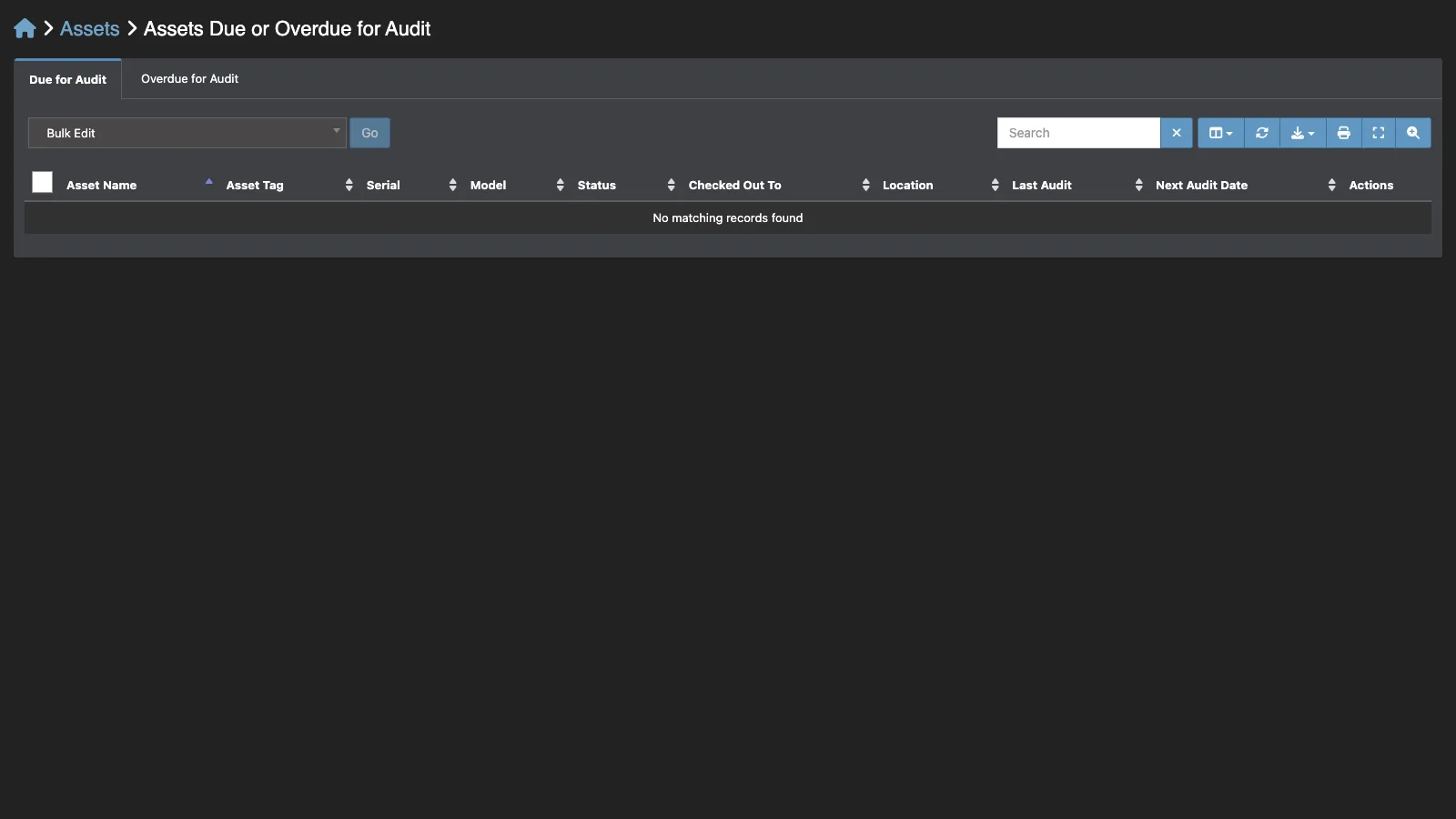 Managed Snipe-IT Assets Due for Audit in dark theme