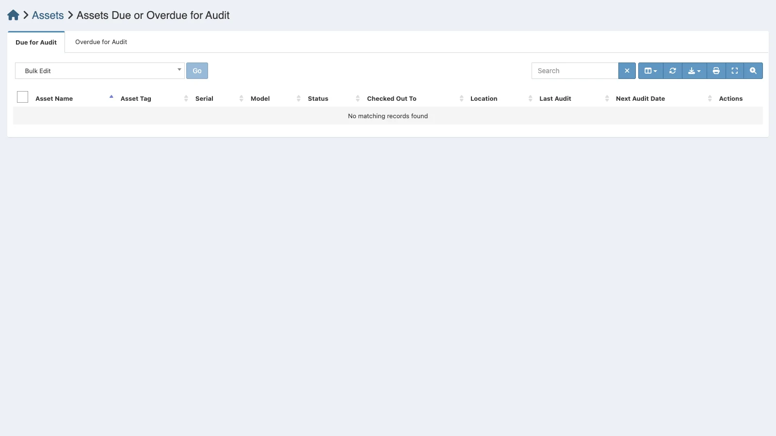 Managed Snipe-IT Assets Due for Audit in light theme