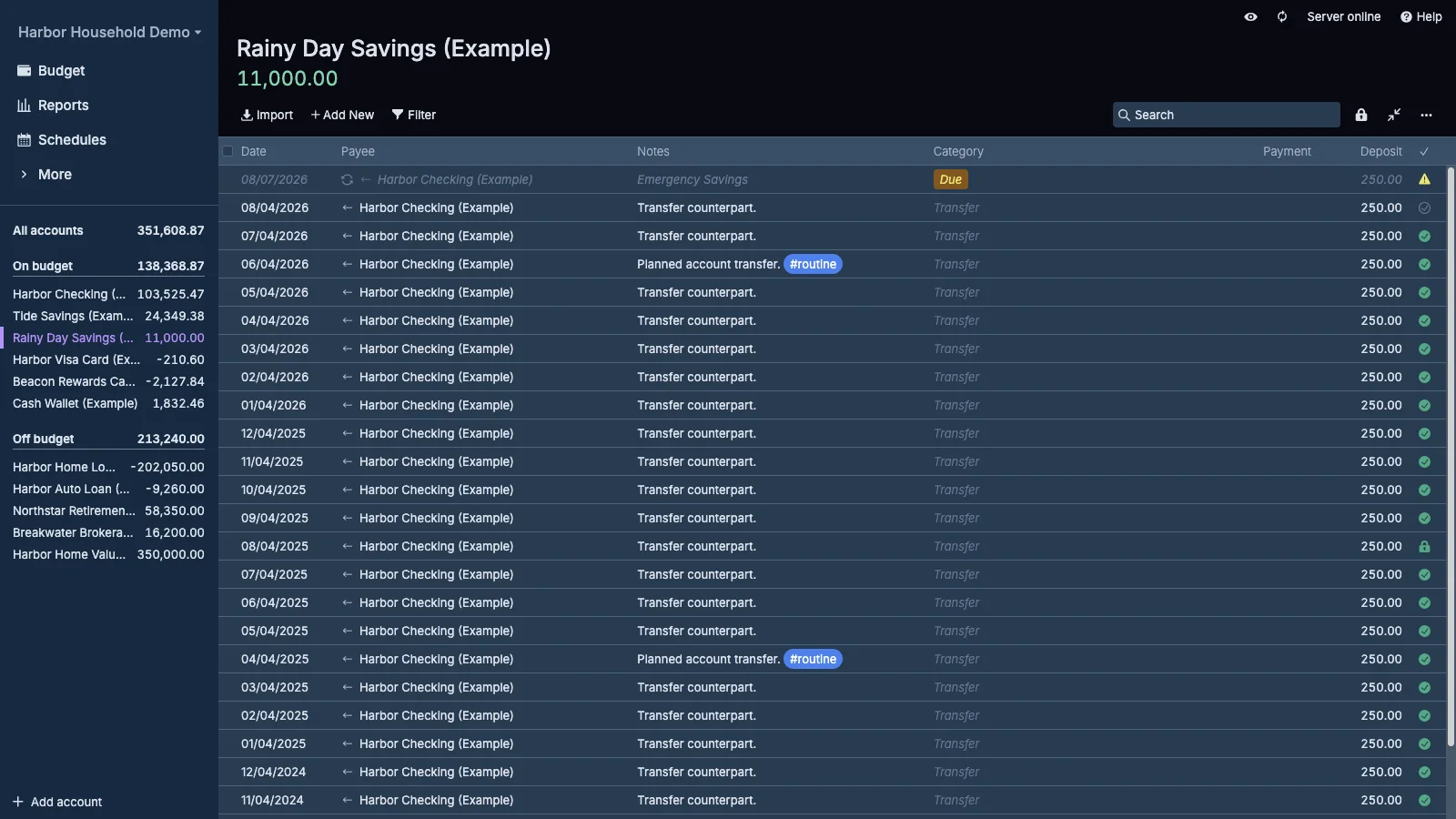 Managed Actual Budget Emergency Savings Register in dark theme
