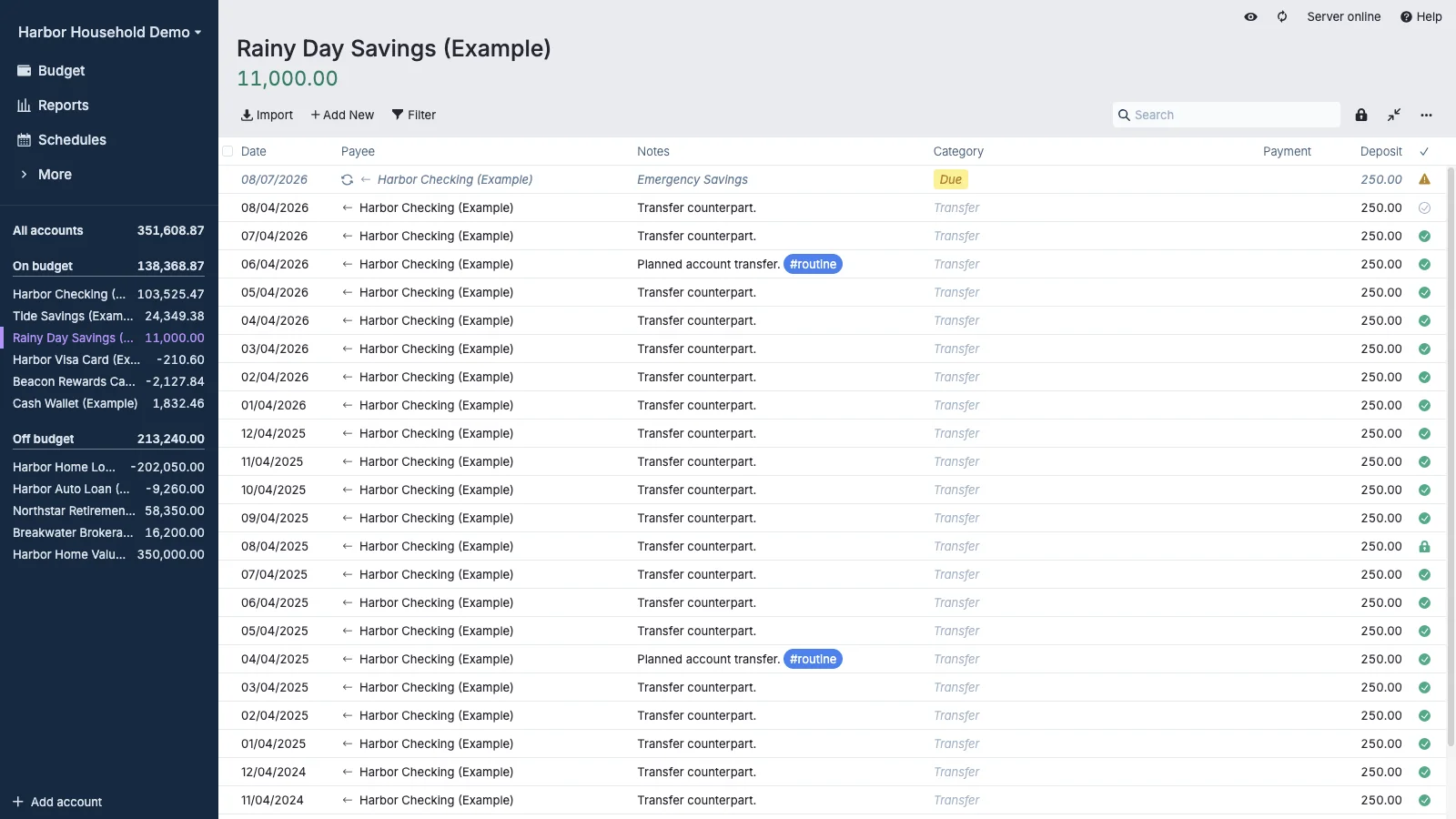 Managed Actual Budget Emergency Savings Register in light theme