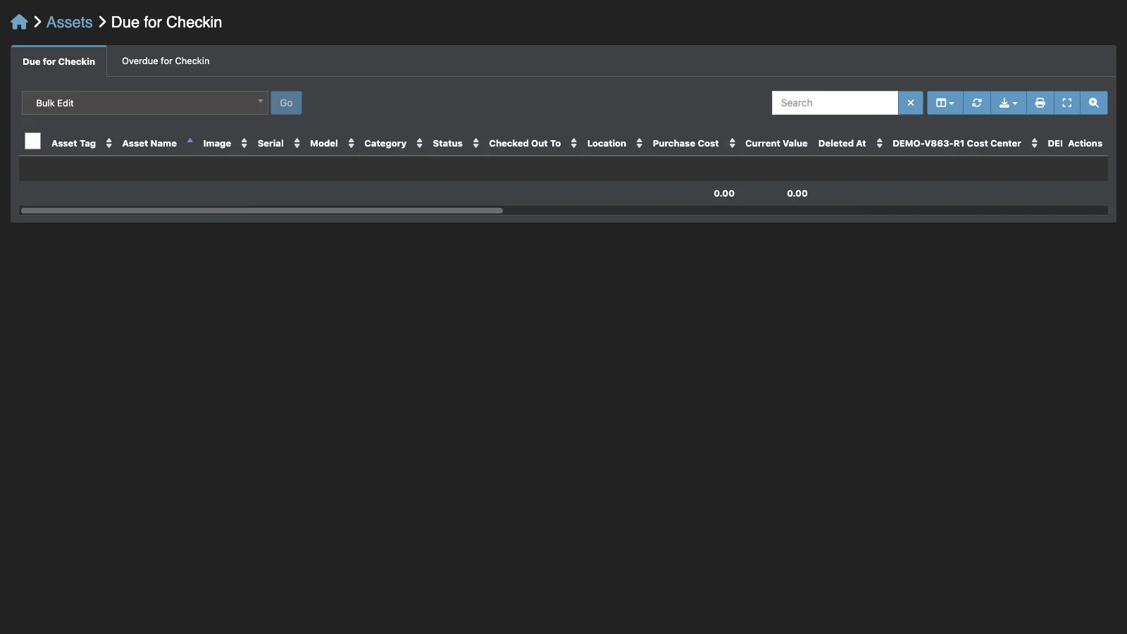 Managed Snipe-IT Assets Due for Check-in in dark theme