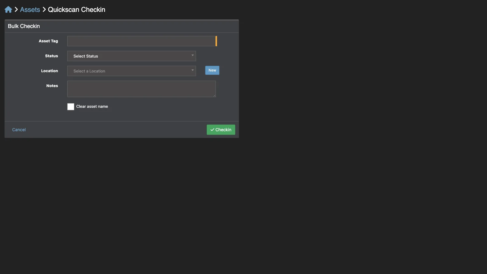 Managed Snipe-IT Quick Scan Check-in in dark theme