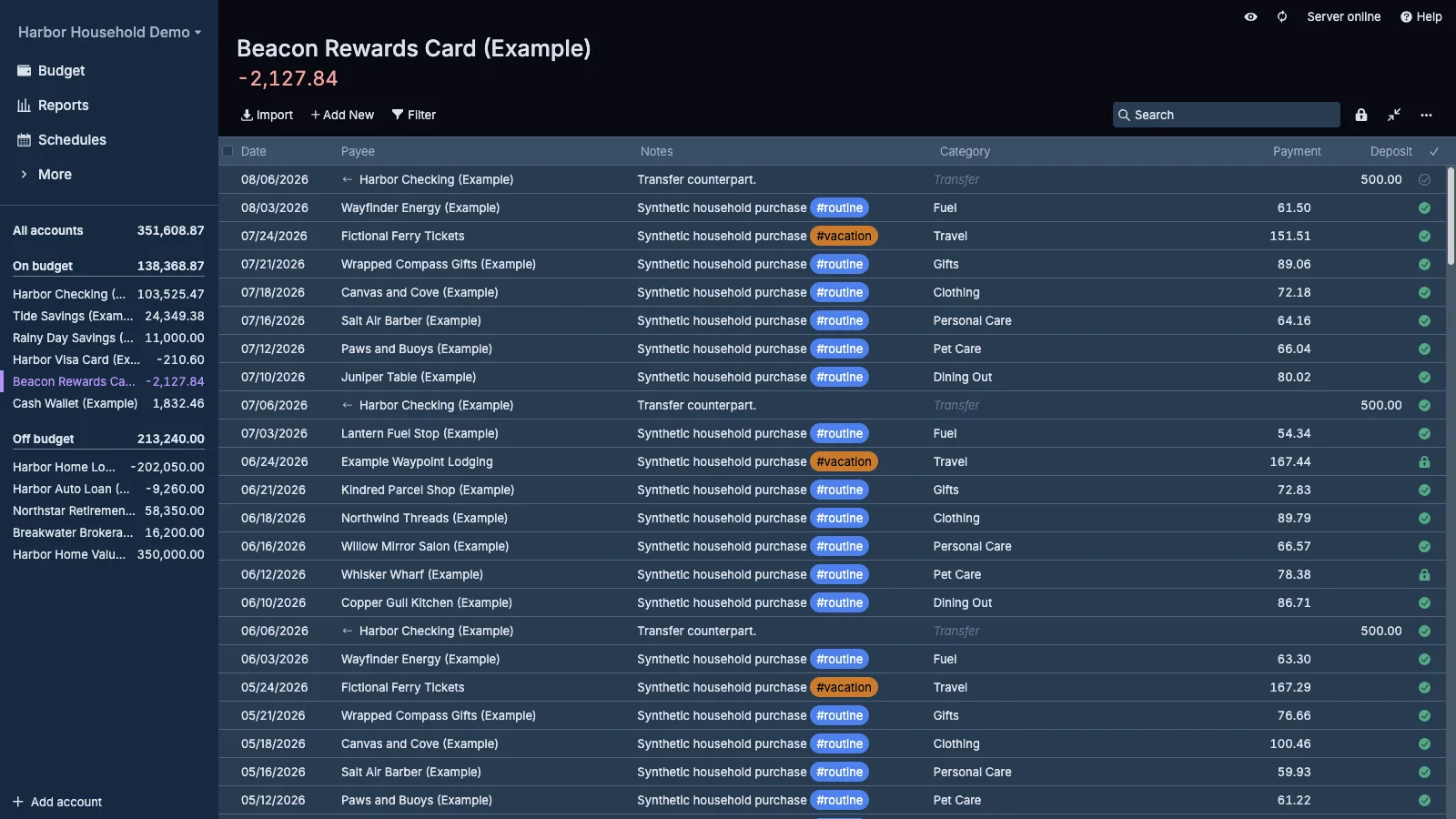 Managed Actual Budget Rewards Credit Card Register in dark theme