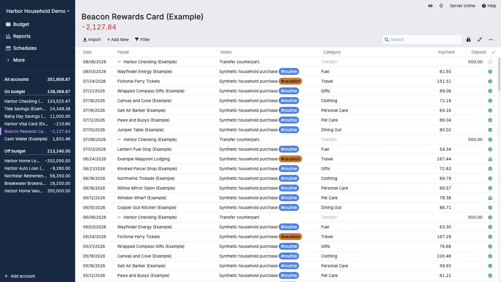 Managed Actual Budget Rewards Credit Card Register in light theme