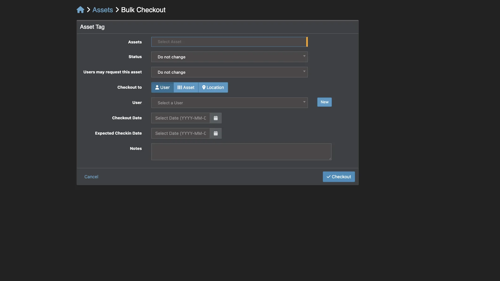 Managed Snipe-IT Bulk Asset Checkout in dark theme