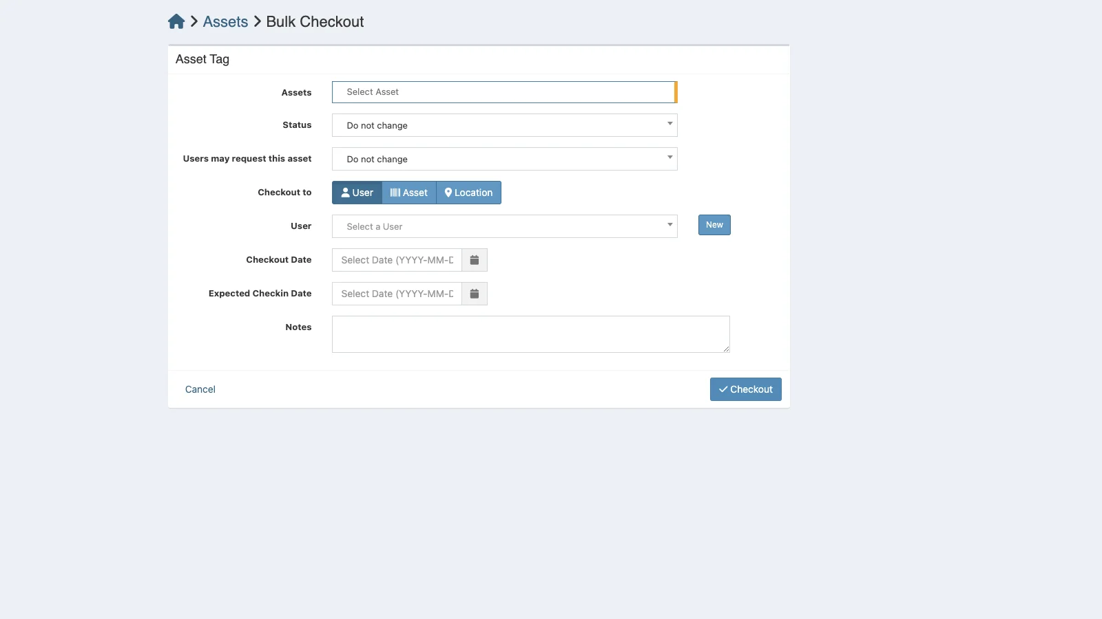Managed Snipe-IT Bulk Asset Checkout in light theme