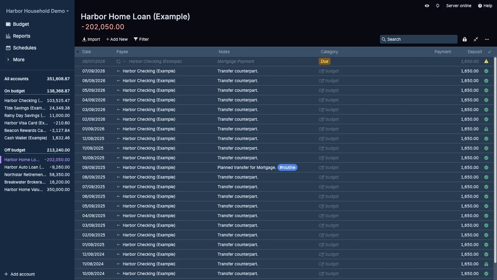 Managed Actual Budget Home Loan Register in dark theme