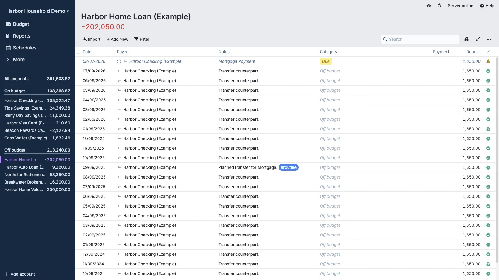 Managed Actual Budget Home Loan Register in light theme