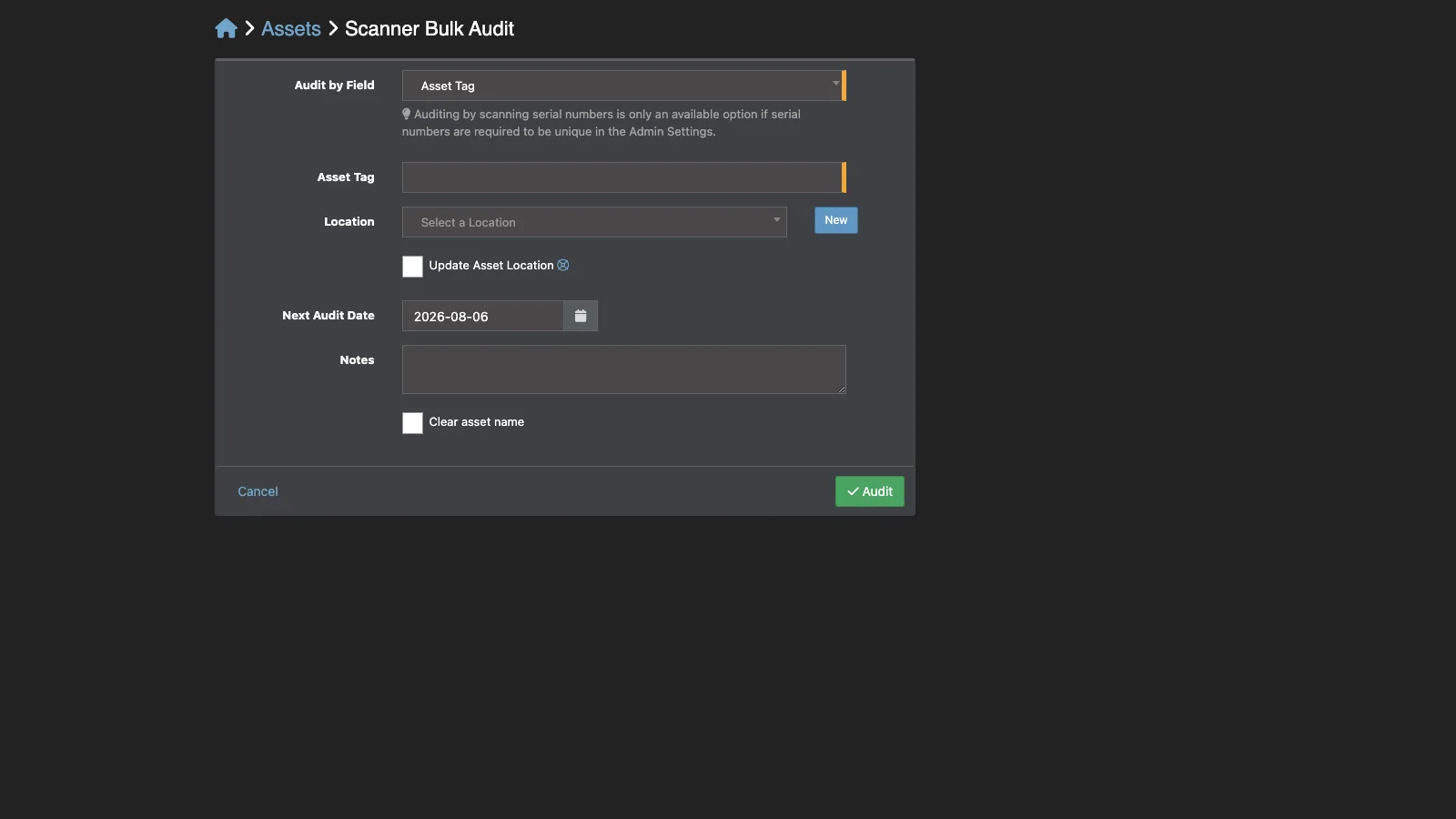 Managed Snipe-IT Scanner Bulk Audit in dark theme