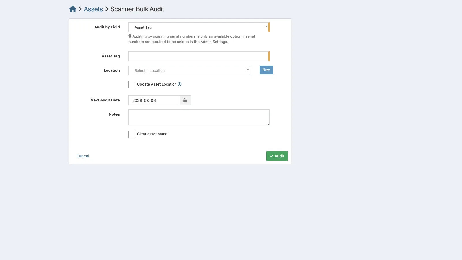 Managed Snipe-IT Scanner Bulk Audit in light theme