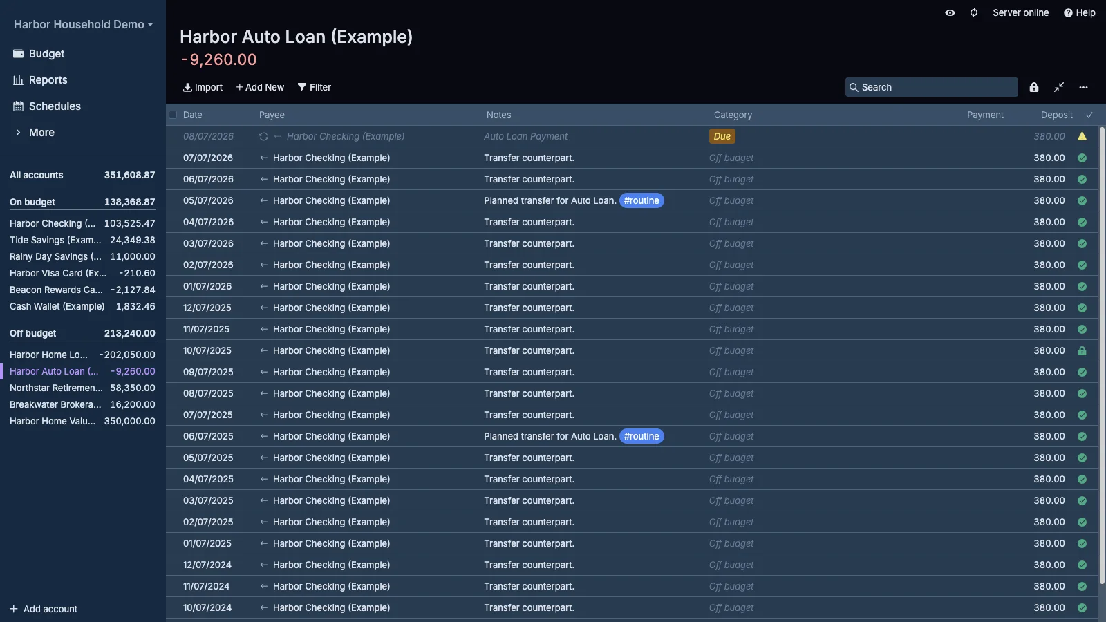Managed Actual Budget Auto Loan Register in dark theme