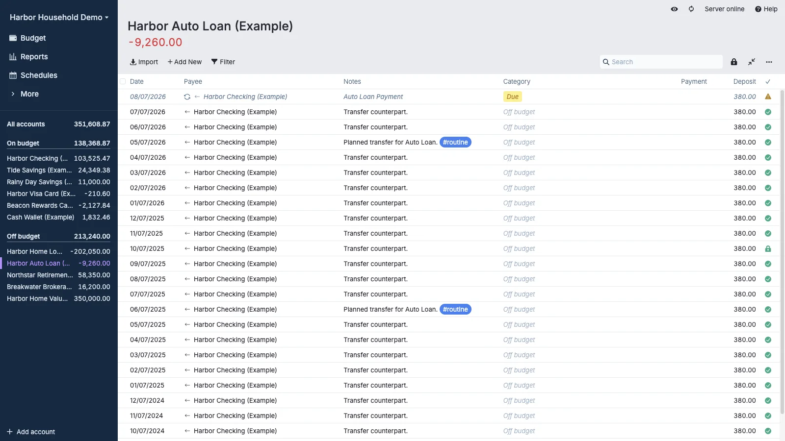 Managed Actual Budget Auto Loan Register in light theme
