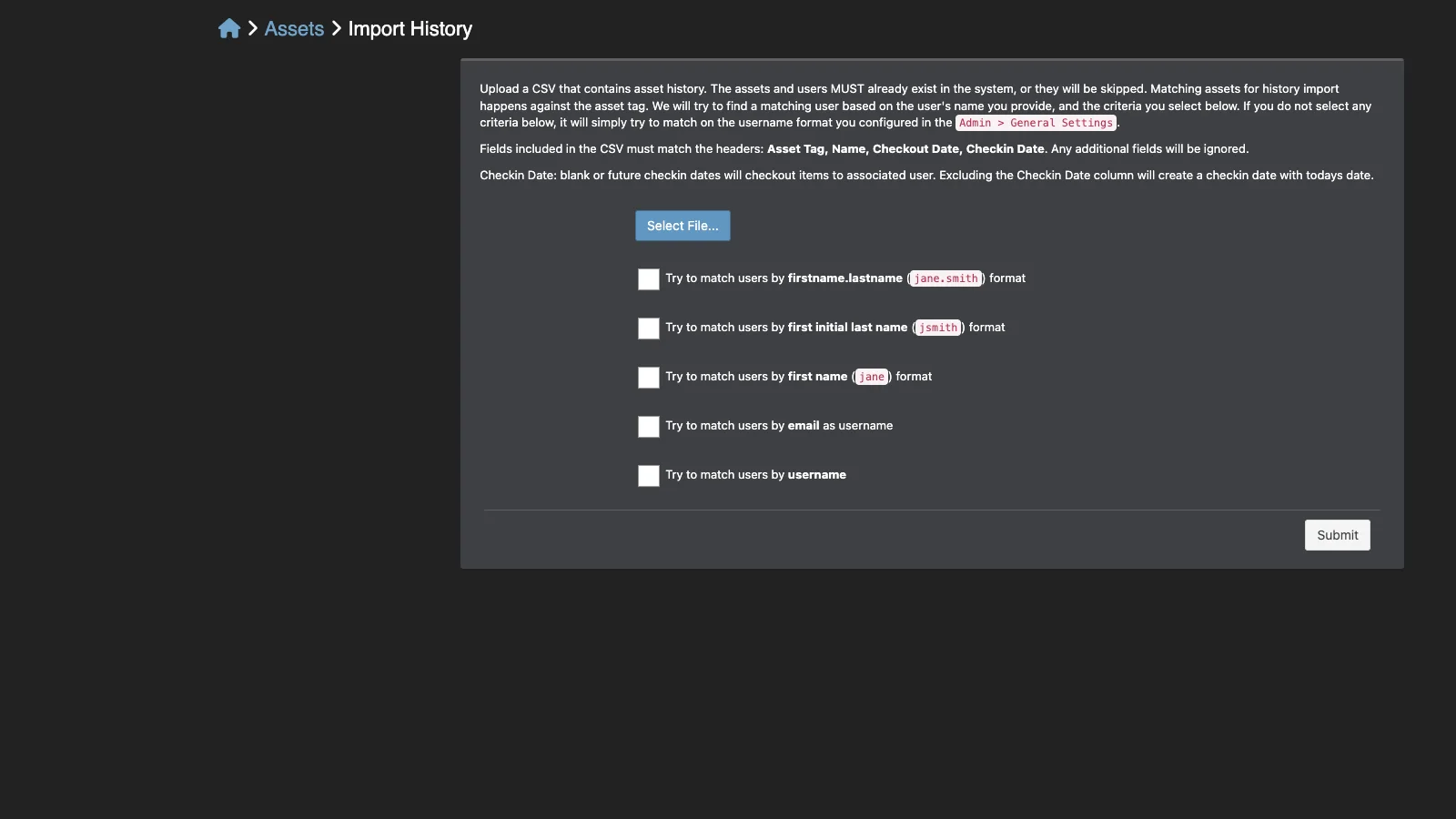 Managed Snipe-IT Asset Import History in dark theme