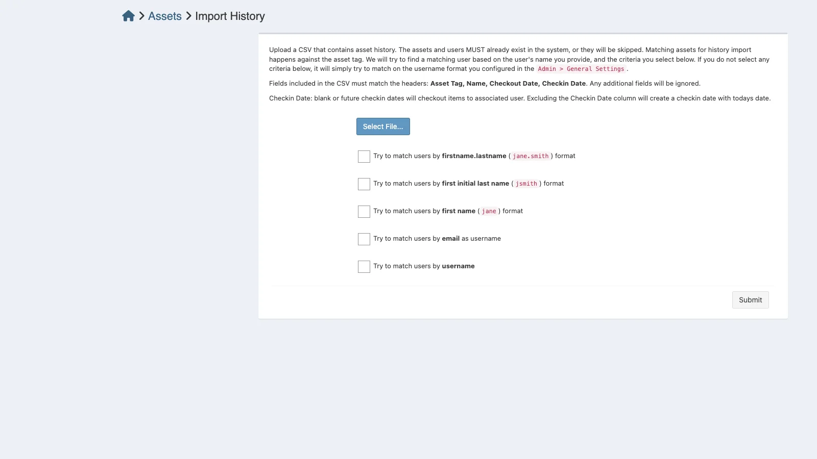 Managed Snipe-IT Asset Import History in light theme
