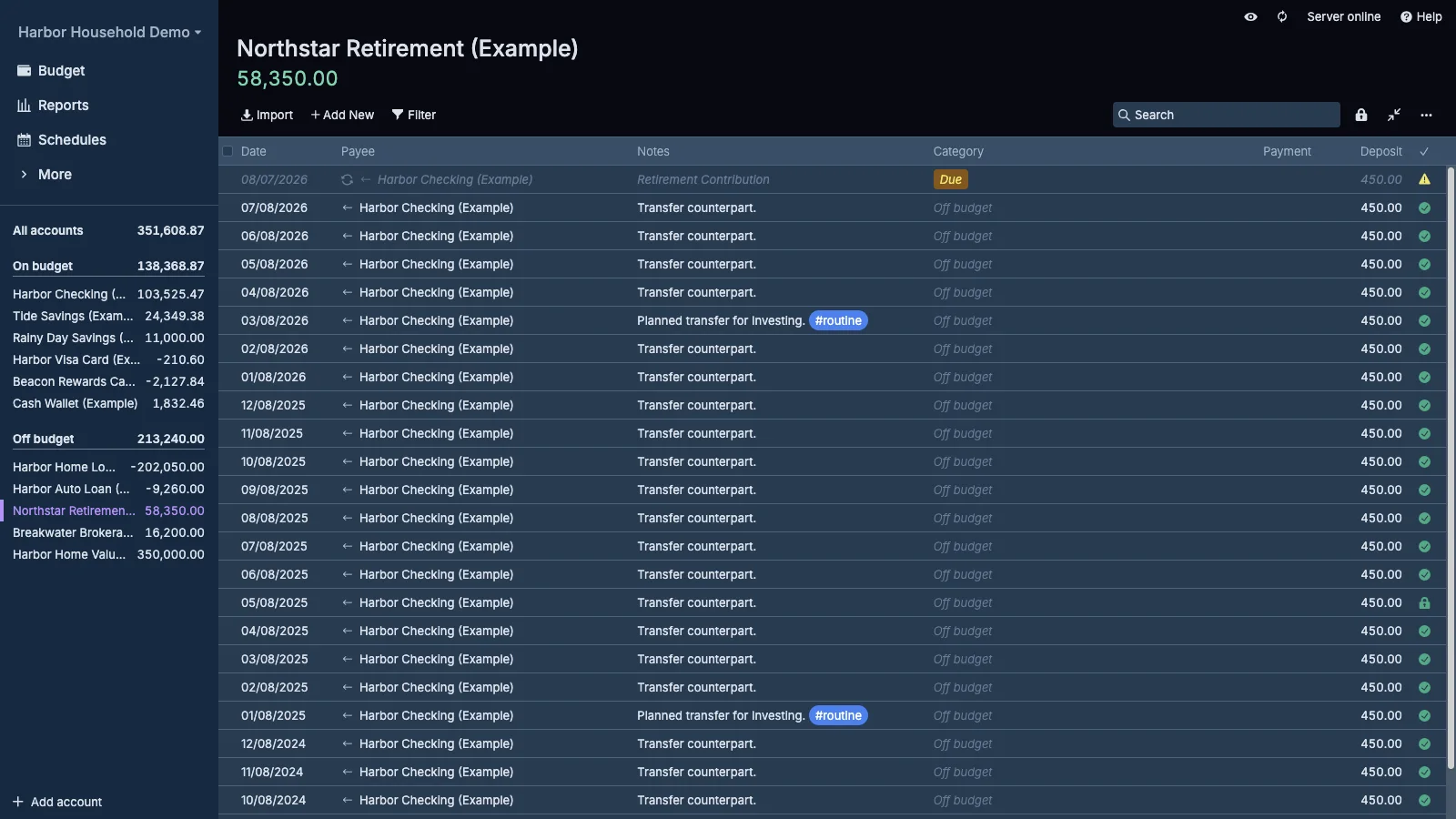Managed Actual Budget Retirement Account Register in dark theme