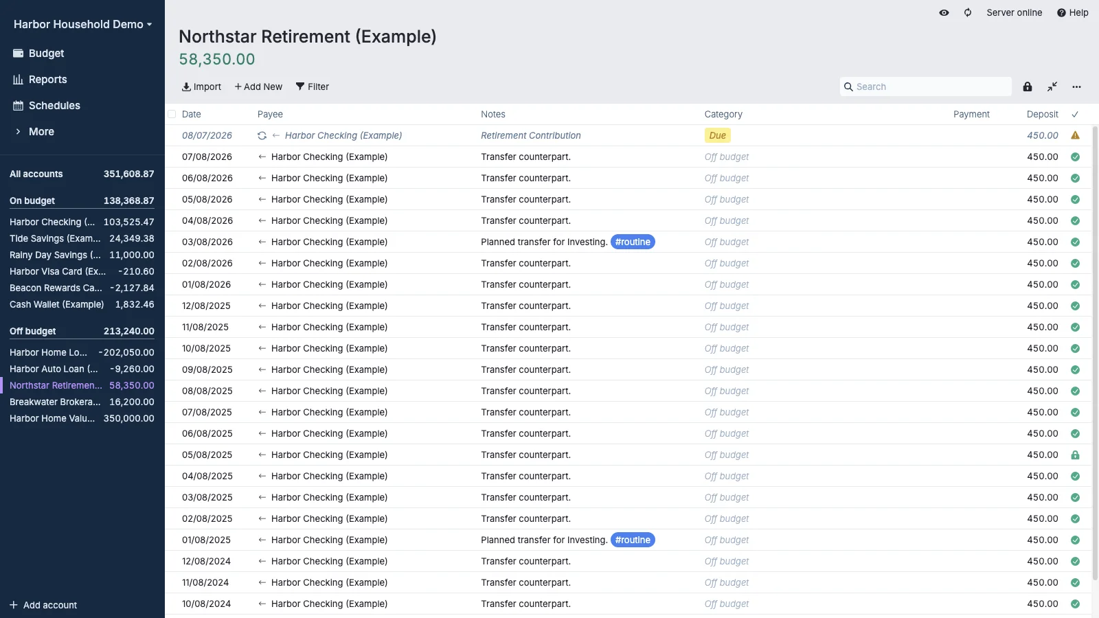 Managed Actual Budget Retirement Account Register in light theme
