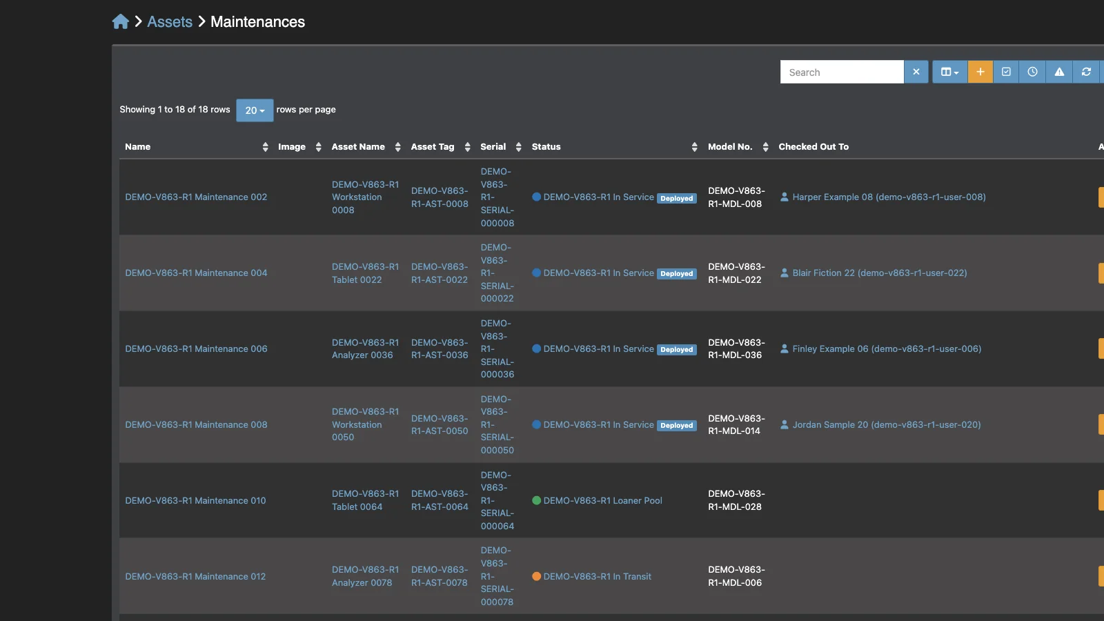 Managed Snipe-IT Asset Maintenances in dark theme