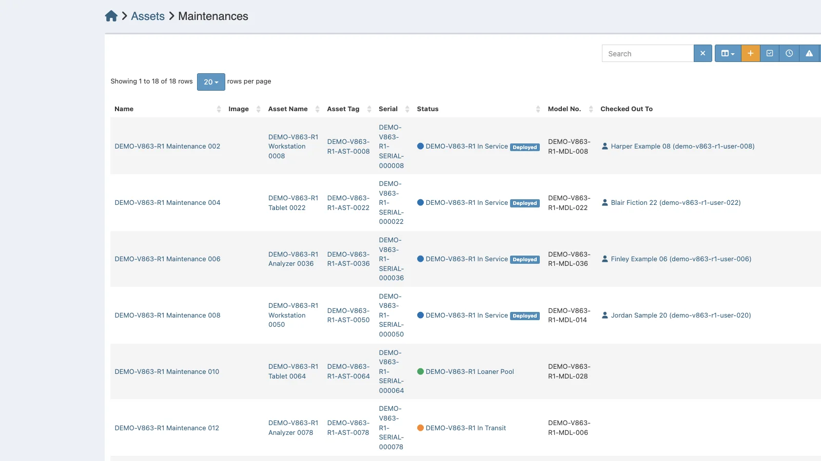 Managed Snipe-IT Asset Maintenances in light theme