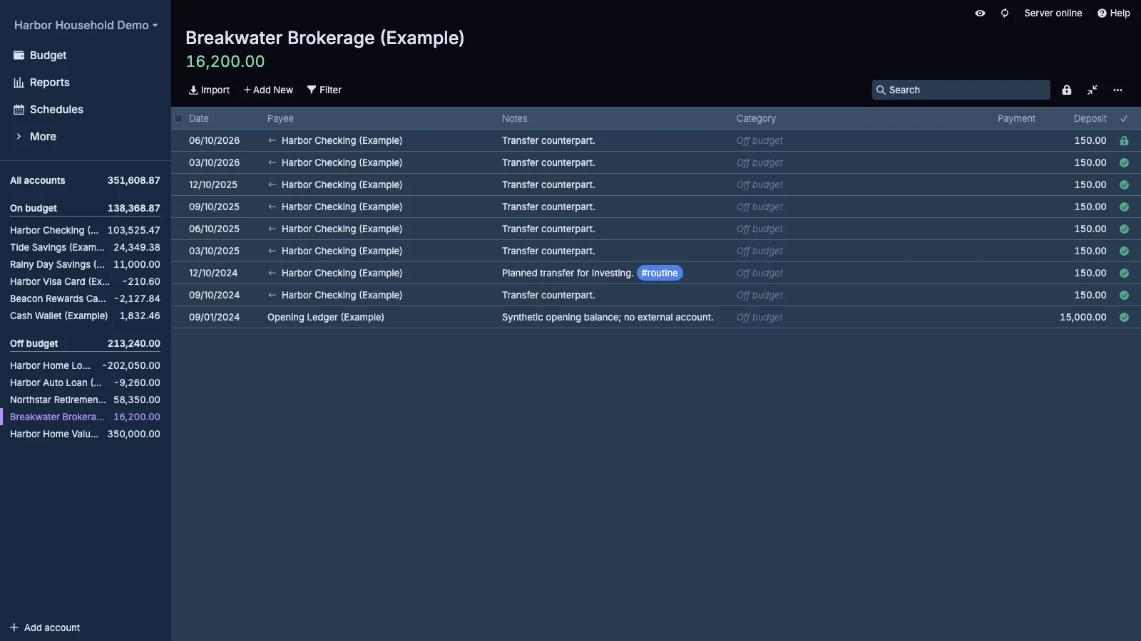 Managed Actual Budget Brokerage Account Register in dark theme