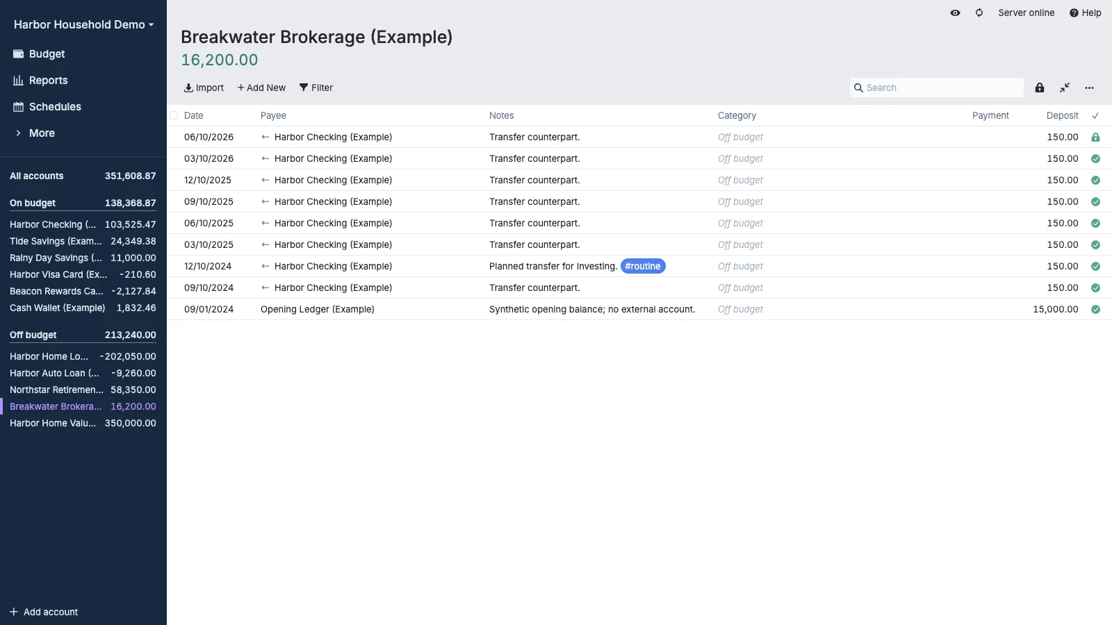 Managed Actual Budget Brokerage Account Register in light theme