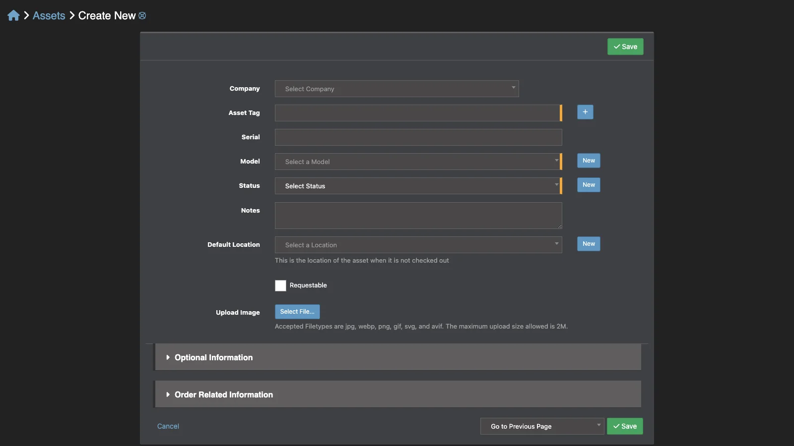 Managed Snipe-IT Create Asset in dark theme