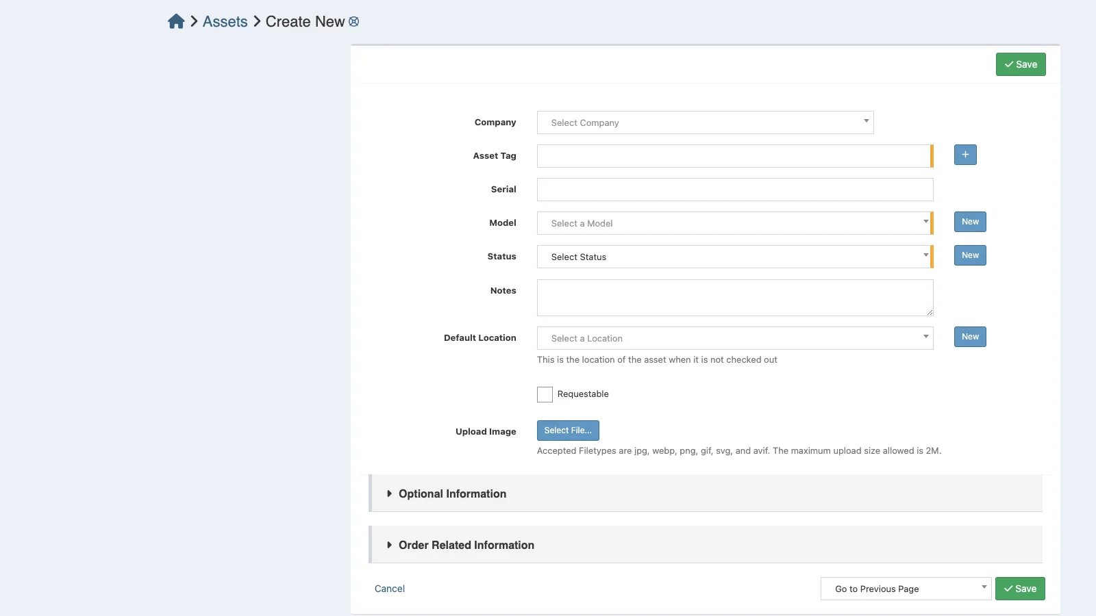 Managed Snipe-IT Create Asset in light theme