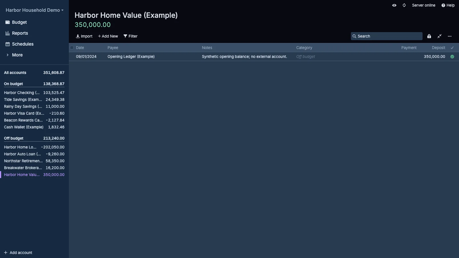 Managed Actual Budget Home Value Register in dark theme