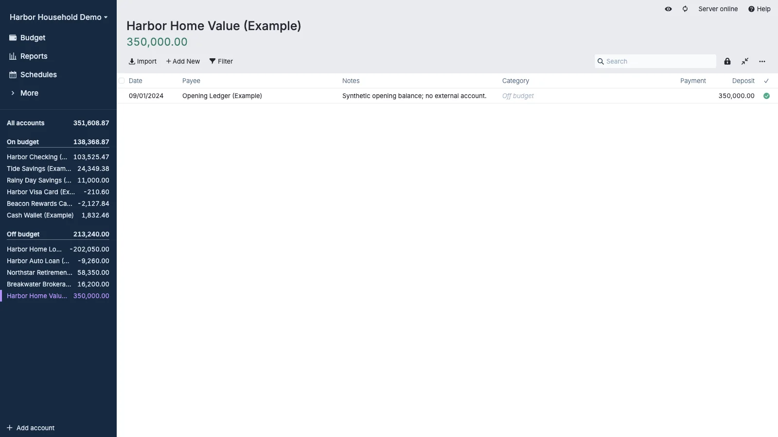 Managed Actual Budget Home Value Register in light theme