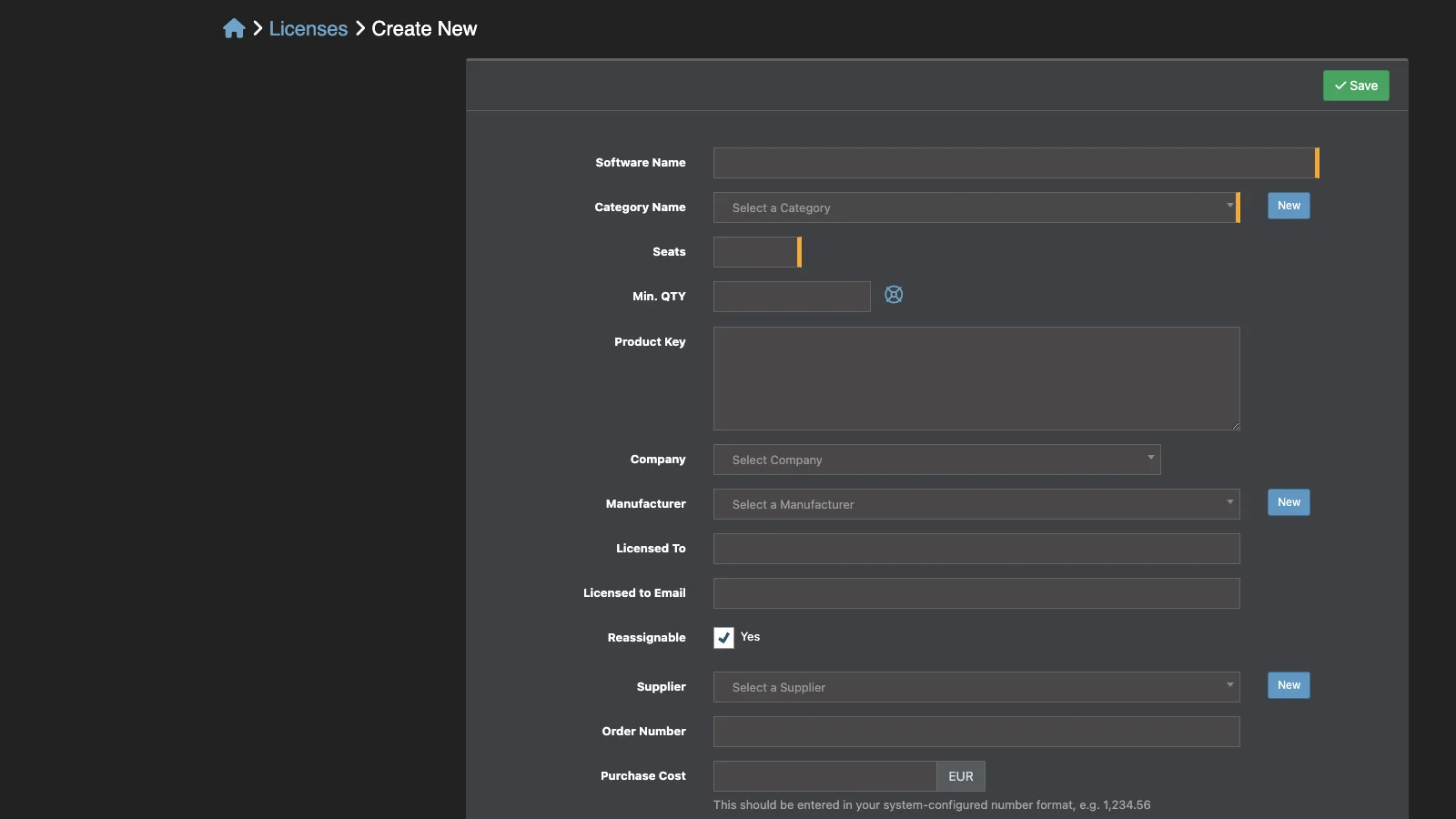 Managed Snipe-IT Create License in dark theme