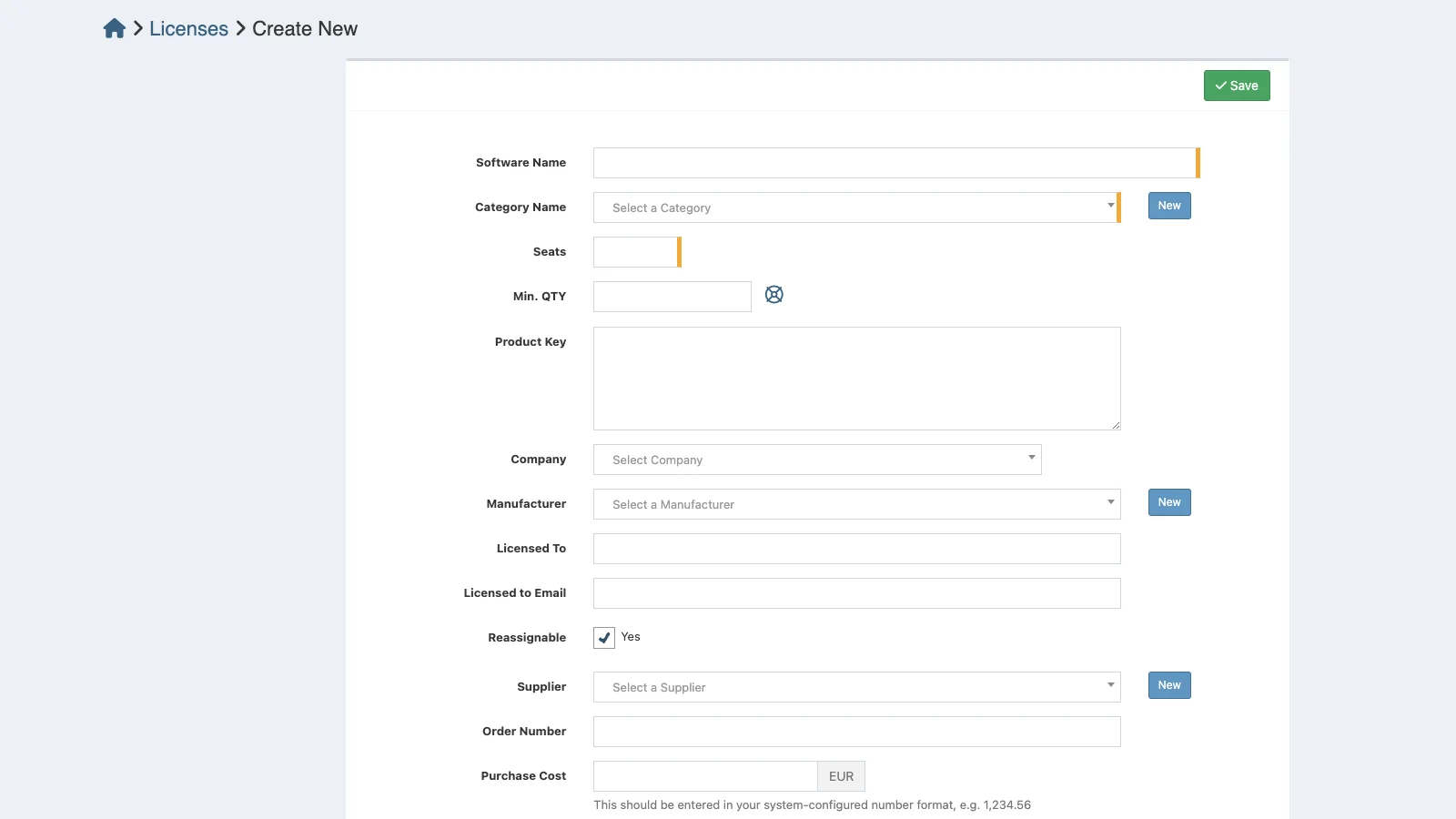Managed Snipe-IT Create License in light theme