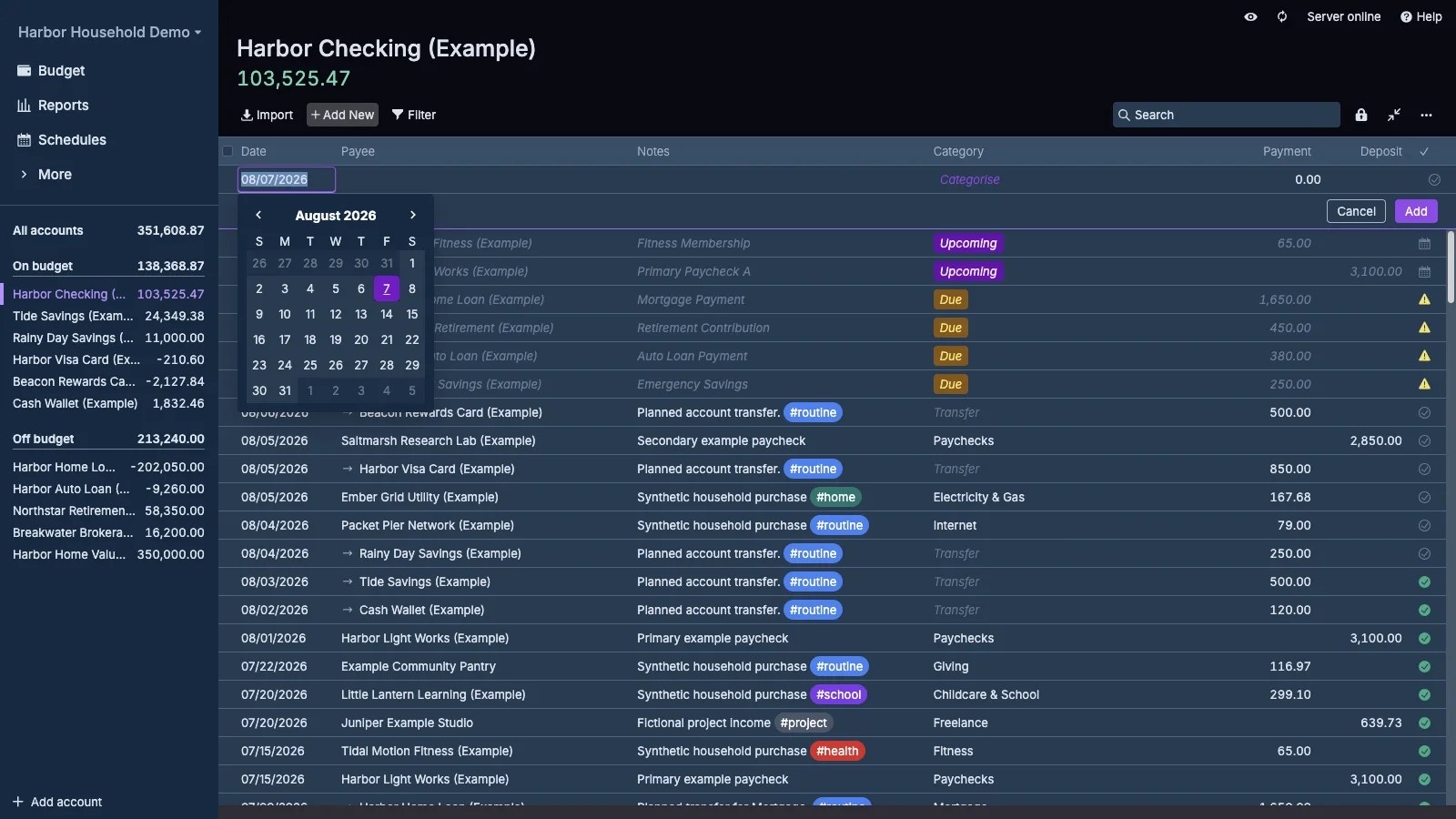 Managed Actual Budget New Transaction Editor in dark theme