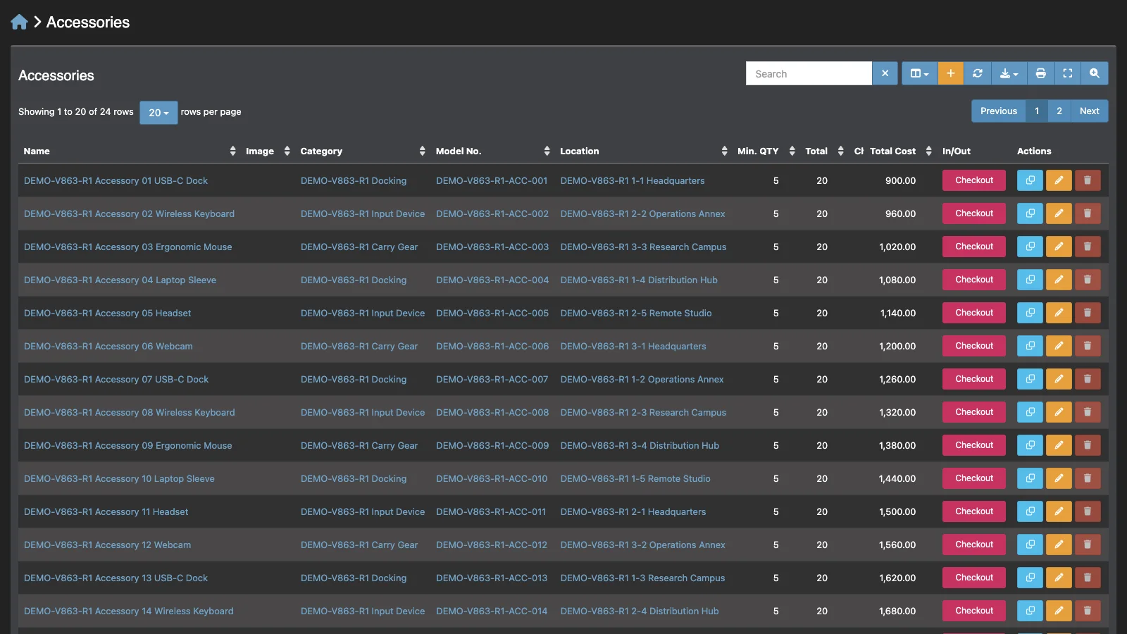 Managed Snipe-IT Accessories in dark theme