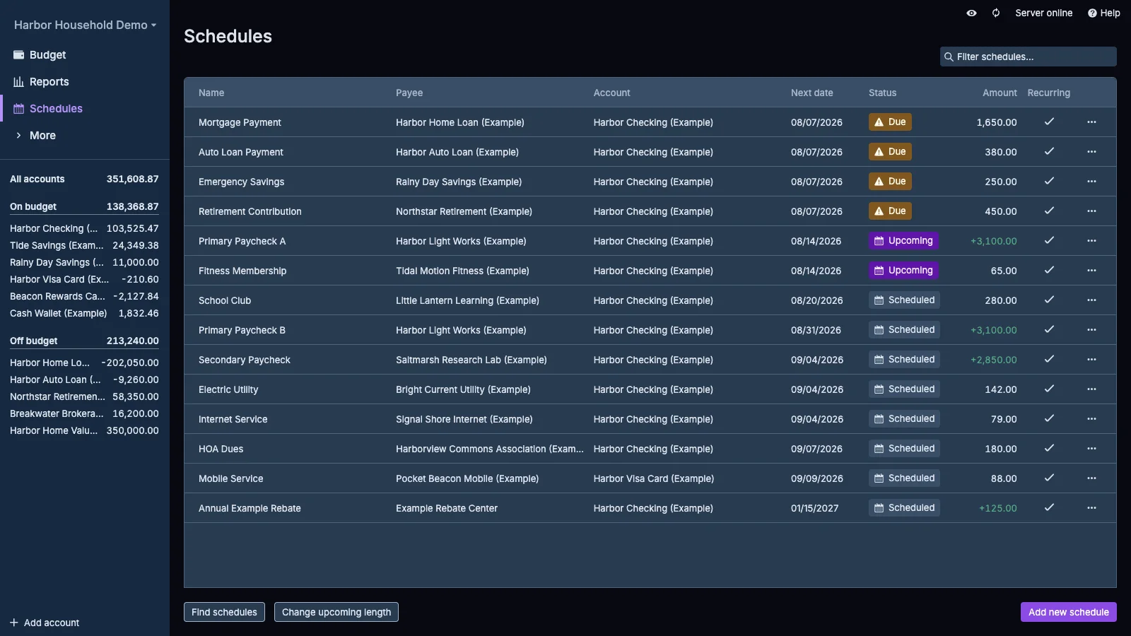 Managed Actual Budget Recurring Schedules in dark theme