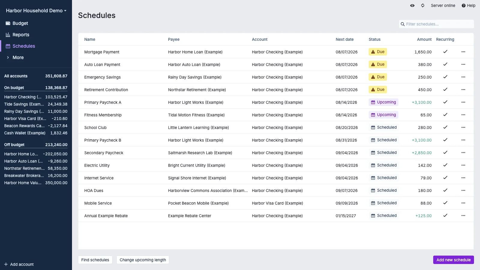 Managed Actual Budget Recurring Schedules in light theme