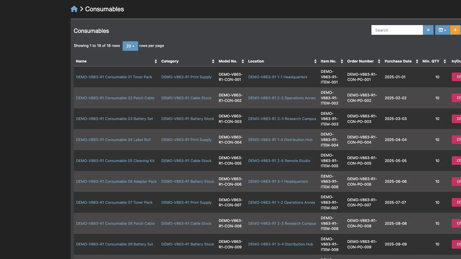 Managed Snipe-IT Consumables in dark theme