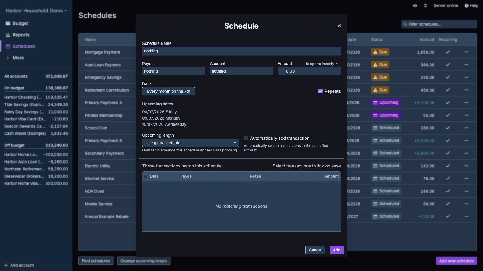 Managed Actual Budget New Schedule Editor in dark theme