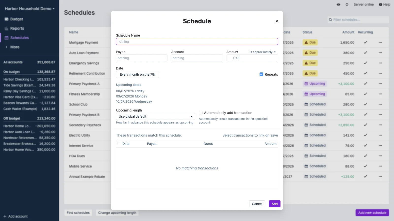 Managed Actual Budget New Schedule Editor in light theme