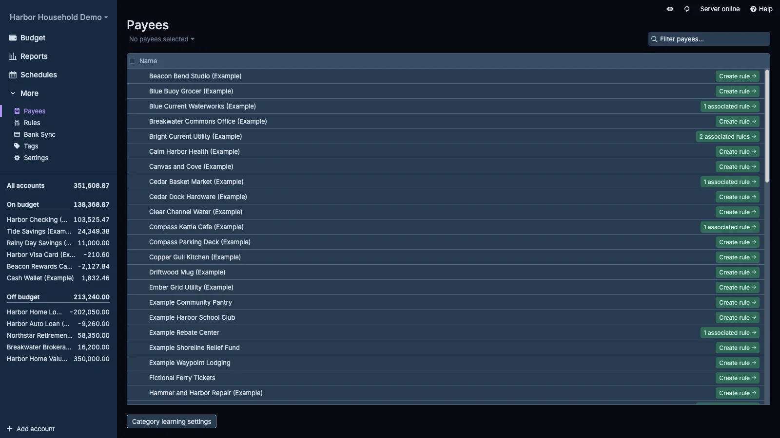 Managed Actual Budget Payees Management in dark theme
