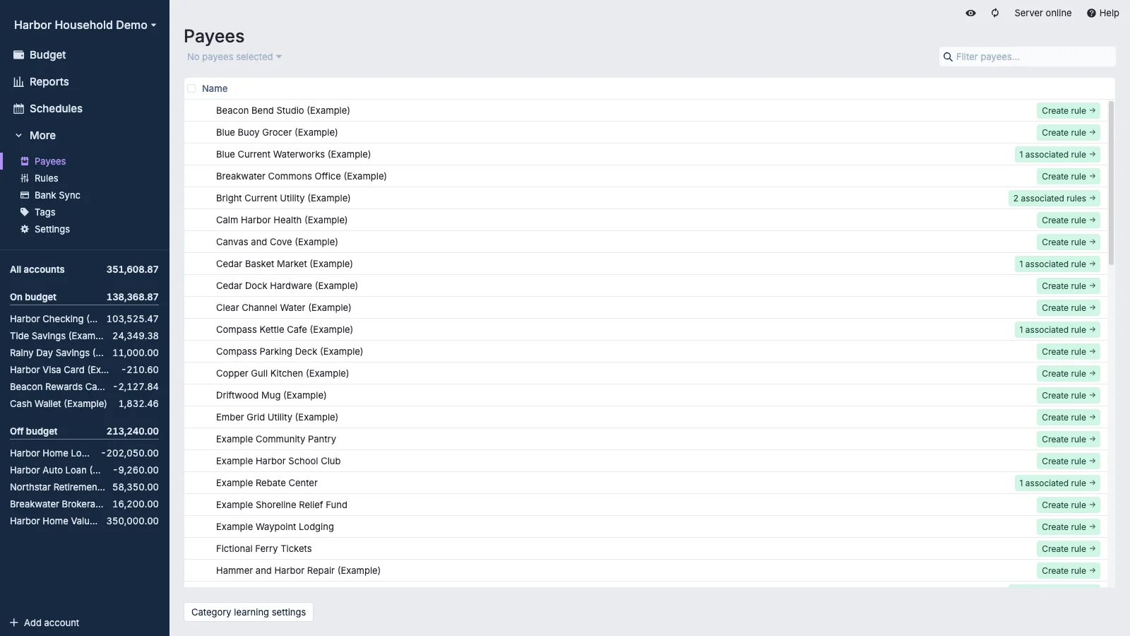 Managed Actual Budget Payees Management in light theme
