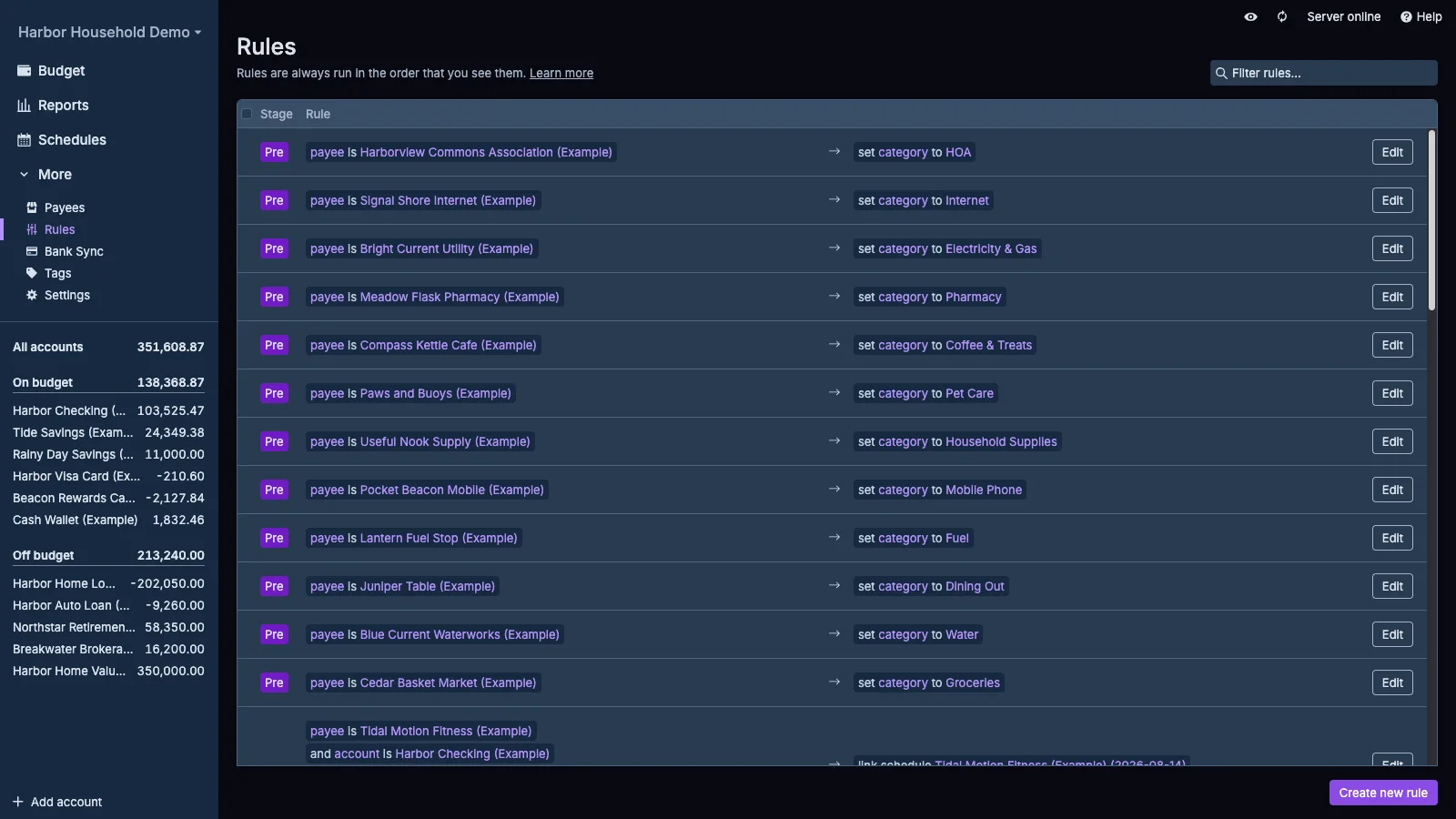 Managed Actual Budget Transaction Rules in dark theme