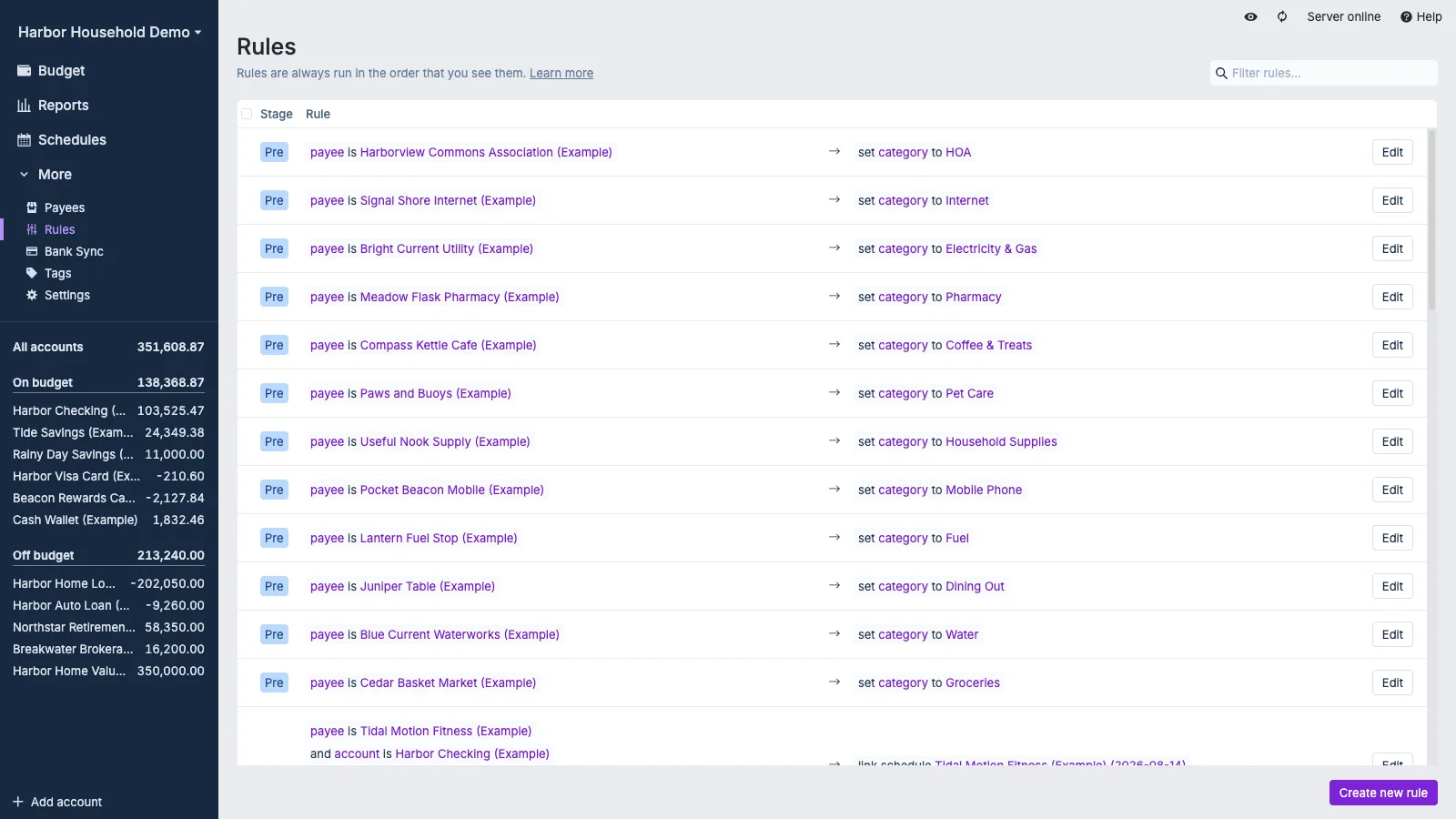 Managed Actual Budget Transaction Rules in light theme
