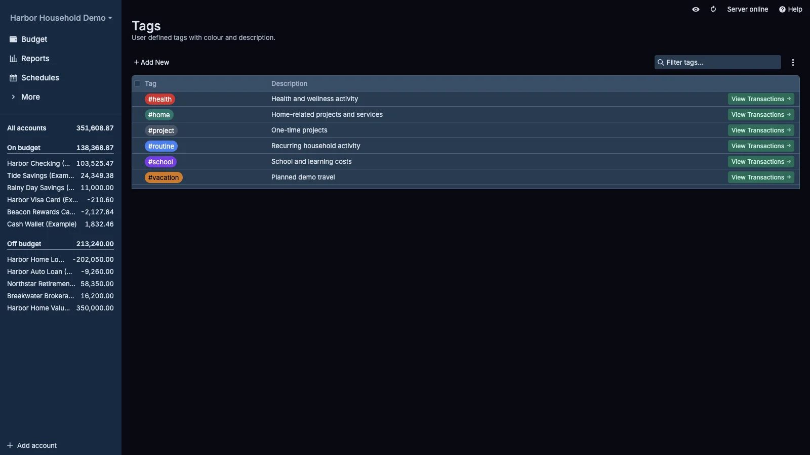 Managed Actual Budget Transaction Tags in dark theme