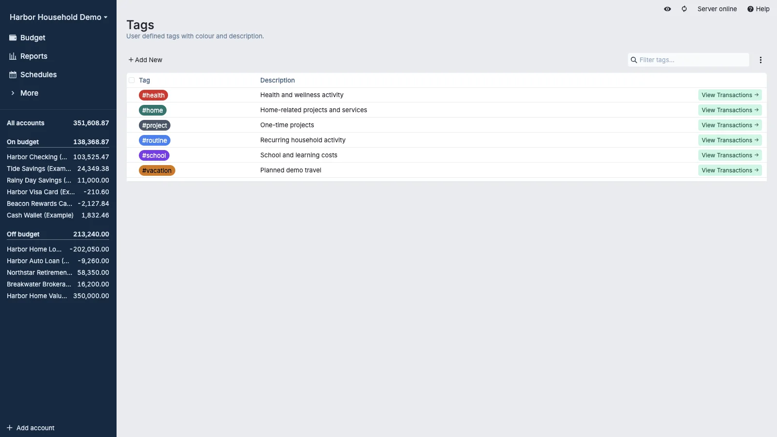 Managed Actual Budget Transaction Tags in light theme